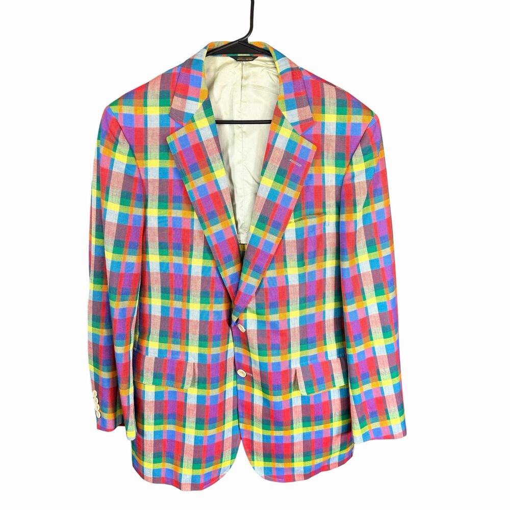 Vtg 70s 80s Men's Linen Madras Sports Coat 48L Preppy Prep Old Money Academia